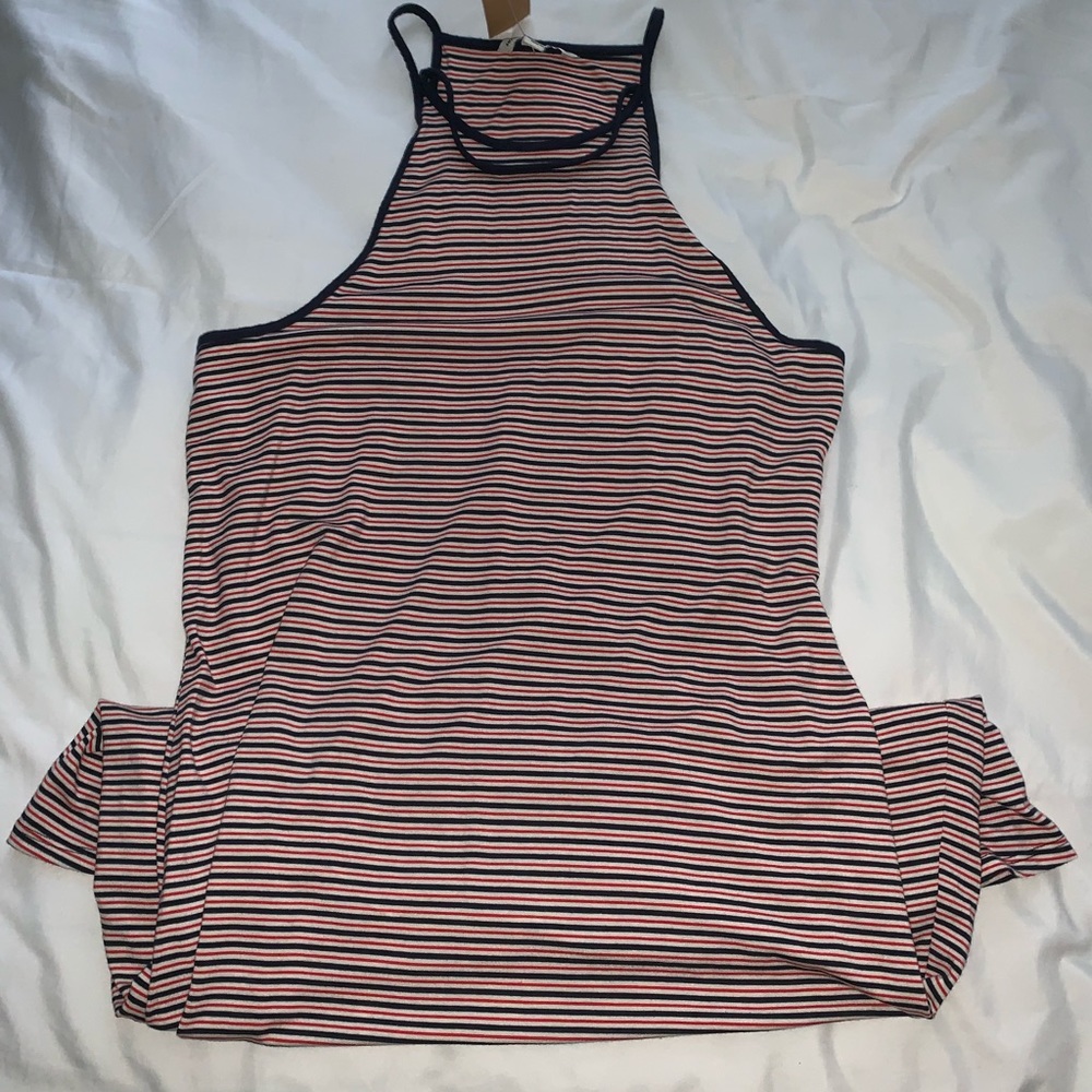 red and blue striped high neck dress